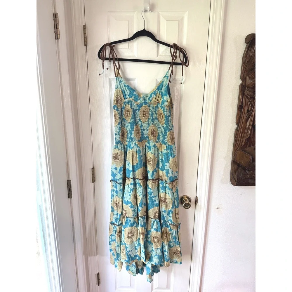 Free People Adriel Midi Dress Hawaiian‎ Ocean Combo Floral Smocked Large NEW